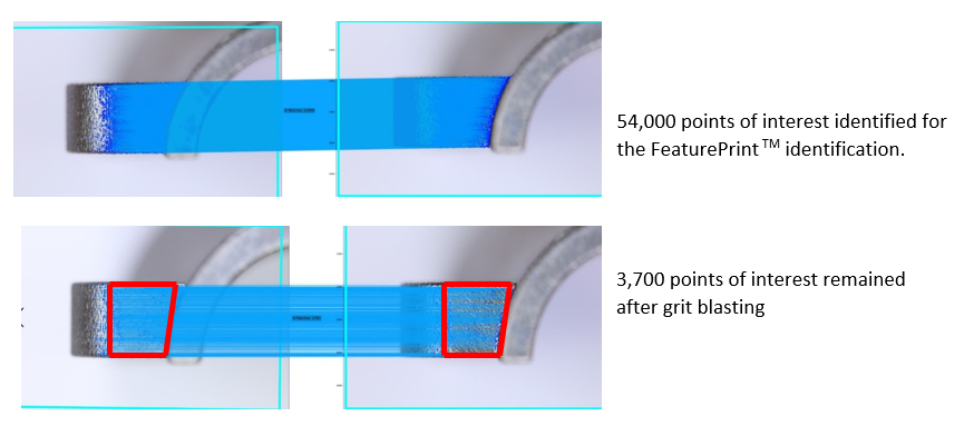 Figure 3 Points of Interest Pre and Post Grit Blasting, Blue Lines Indicate Matched Points of Interest Figure 3 Points of Interest Pre and Post Grit Blasting, Blue Lines Indicate Matched Points of Interest