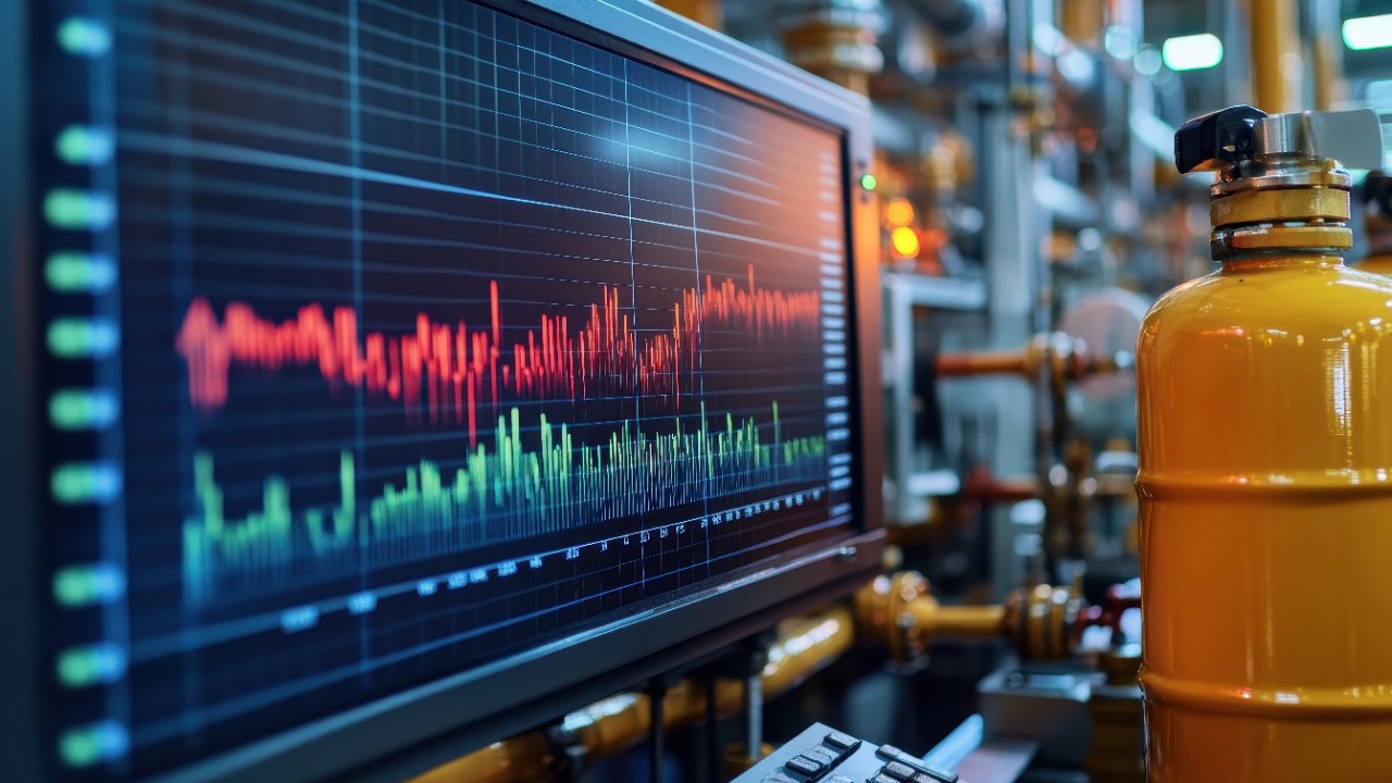 Computer screen displays fluctuating data; red and green lines show dynamic process control. Illustrates industrial monitoring, real-time data analysis in a factory setting.